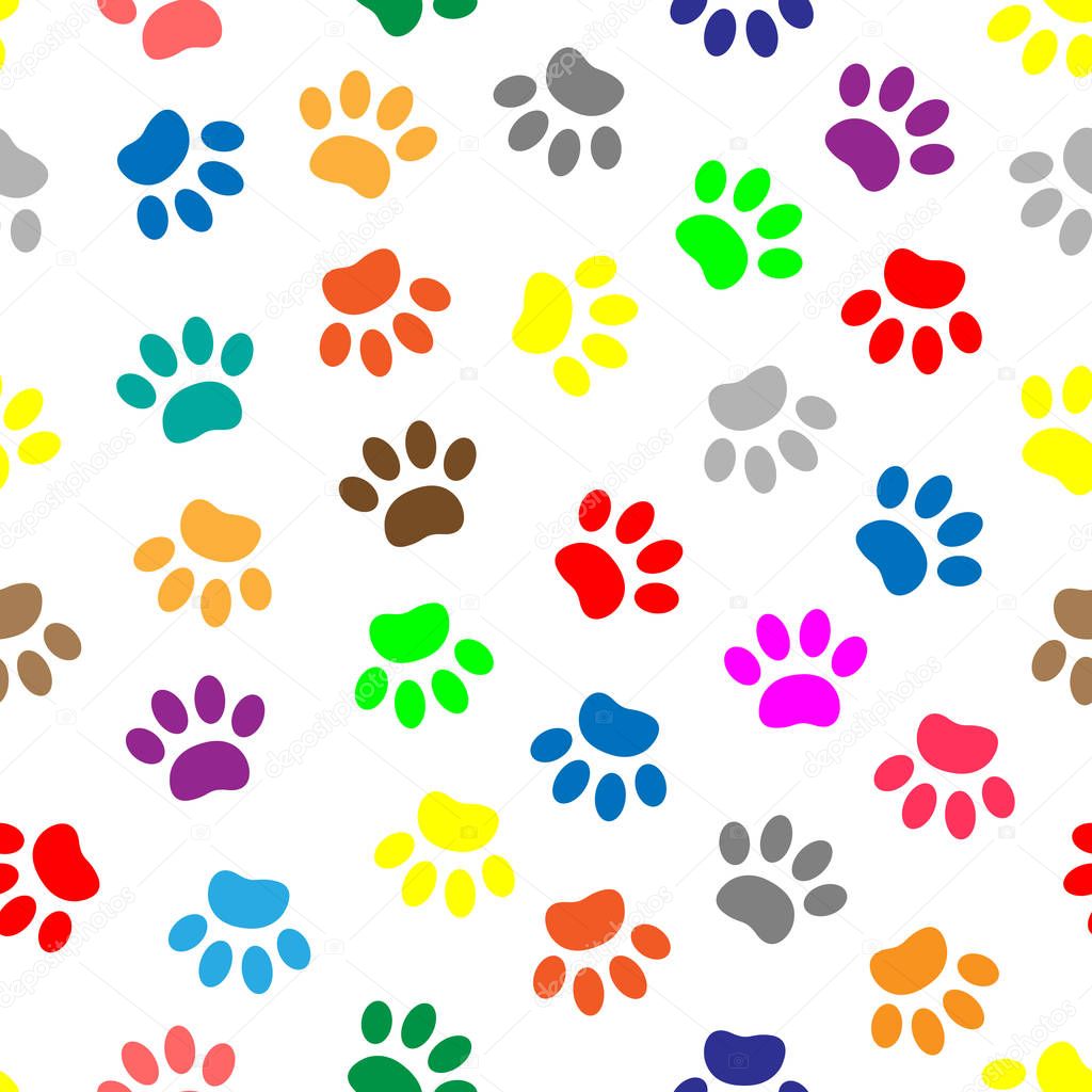 Multicolored animal paw prints seamless pattern.