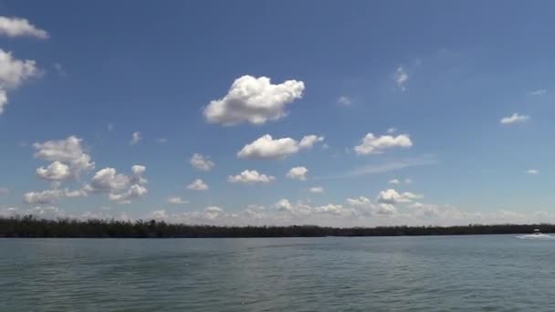 Witte Puffy Wolken Boven Water — Stockvideo