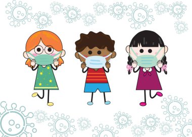 Üç çocuk, erkek ve kız bir maske takıyor. Covid-19 'a karşı korumak için. Vektör illüstrasyonu Çocuğun çizim biçimi.