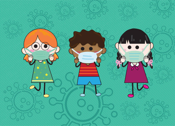 Three children, boys and girls wear a mask. To protect against Covid-19. vector illustration  Child's drawing style on a green background with a virus symbol.