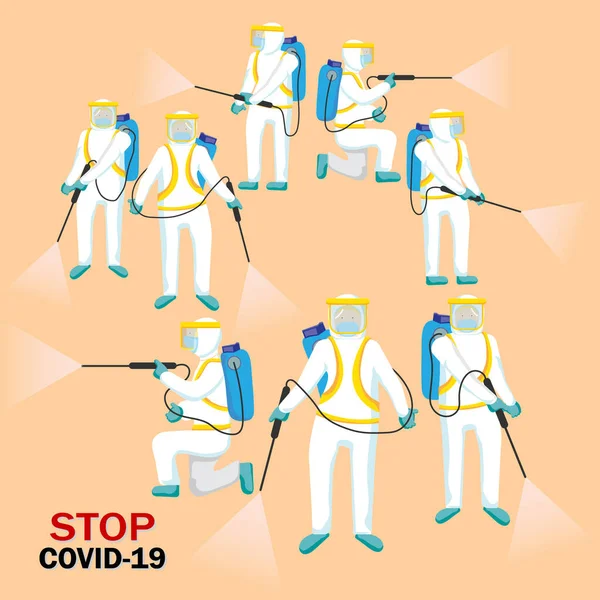 Covid Coronavirus Kór Illusztrációs Emberek Védőruhában Permetezés Vírus Tisztítására Fertőtlenítésére — Stock Vector