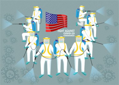 Koruyucu Takım elbiseli insanlar Covid-19 'a karşı Amerikan bayrağını çevreleyen Sprey Temizleme ile savaşıyor. ve mesaj. 