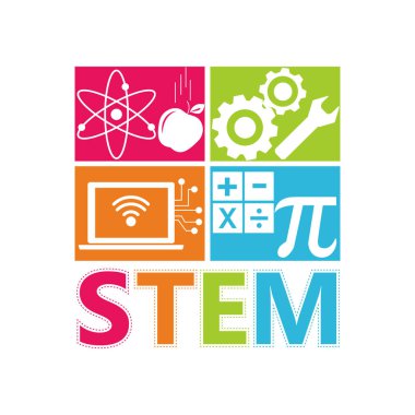 STEM - bilim, teknoloji, mühendislik, matematik eğitimi kelime tipografi tasarımı simge süsleme elementleriyle renkli temalı