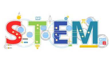STEM - bilim, teknoloji, mühendislik, matematik eğitimi kelime tipografi tasarımı simge süsleme elementleriyle renkli temalı