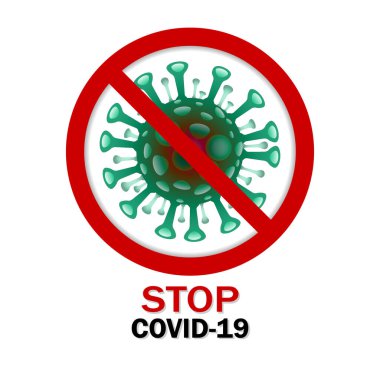 Ilustrations konsepti Coronavirus COVID-19 'u durdurun. Kırmızı dairenin içindeki yeşil virüs sembolü ve haç sembolü. Mikropları durdur ve önle.