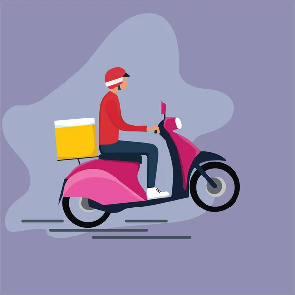 Teslimatçı Çocuk, kırmızı gömlek ve pembe scooter motosiklet, mavi arka plan, Banner Düz Vektör İllüzyonu. Ulaşım tasarımınızda kullanmak için.