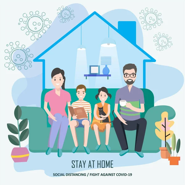 Οικογένεια Μείνετε Στο Σπίτι Εκστρατεία Ευαισθητοποίησης Πρόληψη Και Coronavirus Οικογένεια — Διανυσματικό Αρχείο