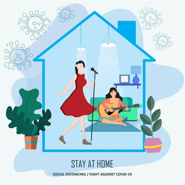 Flat Style Vector Concept Stay Home Two Women Singing Playing — стоковый вектор