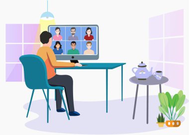 Evde çevrimiçi çalışıyorum. Ya da toplantı konferansı. Ortak çalışma alanı, konsept çizim. Evde dizüstü bilgisayarlarla çalışan kadın ve erkek serbest çalışanlar. Evdeki insanlar. Sosyal uzaklık koronavirüs karantinası. 