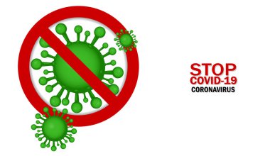 Coronavirus (COVID-19) sembolü. Yasaklama işaretlerindeki yeşil virüs sembolü. Beyaz arkaplanda Coronavirus yazısını durdur