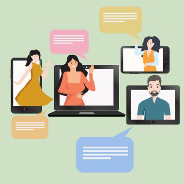 Akıllı telefon, tablet, dizüstü bilgisayar kullanarak sosyal ağlara yorum bırakan gençlerin düz vektör illüstrasyonunu kavrayın. Erkekler ve kadınlar ekrandan sarkan görüntüler.