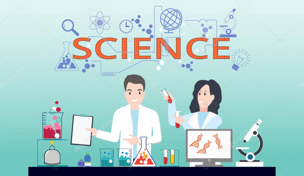 Professional chemists in their laboratory makes different experiments on the table. Male and female medical workers. Chemistry science education in laboratory, research. with Science lettering design