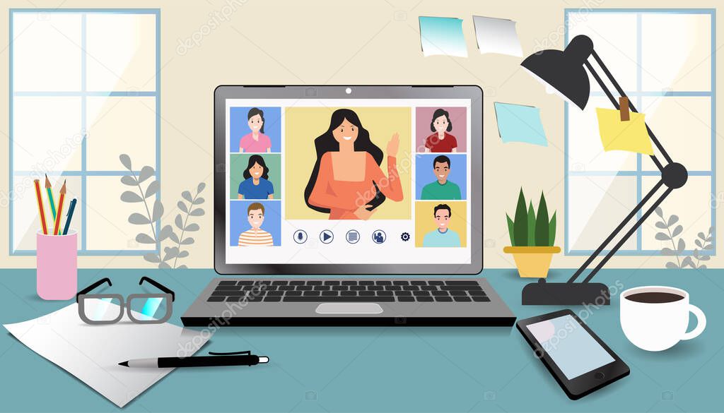Video online conference. Video meeting of people group and interview. Online communication. Working freelance, e-learning or studying at home in laptops. Composition of pictures on the home desk.