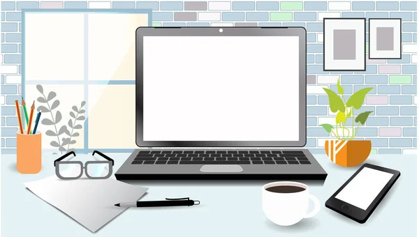 Arbeitsbereich Mit Laptop Computer Weißen Leeren Bildschirm Auf Dem Schreibtisch — Stockvektor