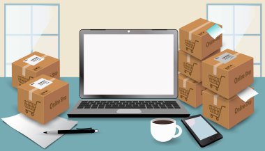 Dizüstü bilgisayar, ürün resimleri için beyaz alan ekranıdır. İnternet sitesi, internet sayfası alışverişi. Ve toplu ürün kutusu. Ev masasındaki resimlerin kompozisyonu.