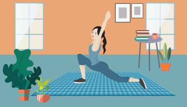 Yoga egzersizleriyle meditasyon yapan kadınlar. Sessiz bir odada. Evde kal. Koronavirüsü önlemek için bir bilinçlendirme kampanyası. Dışarıdaki evden uzak dur. Covid-19 'a karşı savaş.