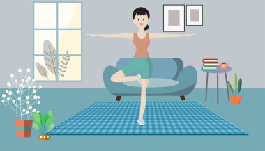 Yoga egzersizleriyle meditasyon yapan kadınlar. Sessiz bir odada. Evde kal. Koronavirüsü önlemek için bir bilinçlendirme kampanyası. Dışarıdaki evden uzak dur. Covid-19 'a karşı savaş.