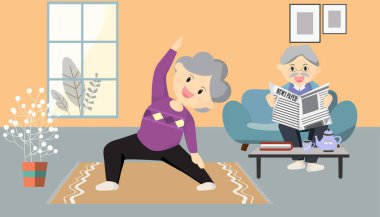 Yaşlılar, yaşlılar yoga yapıyor egzersizlerle meditasyon yapıyor ve evde hobi olan gazeteleri okuyor. Coronavirus önleme kampanyası. Dışarıdaki evden uzak dur. Savaşmak için Covid19