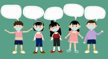 Çizgi film çocuğu ve kız maske takıyor. Üzerinde beyaz bir mesaj kutusu ya da konuşma balonu olan. İletişim, Sağlık danışmanlığı, eğitim metni ya da çocuk faaliyetleri için. Covid19 'un boşalması sırasında