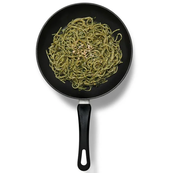 Panela Com Espaguete Pesto Comida Bonita Alta Qualidade — Fotografia de Stock