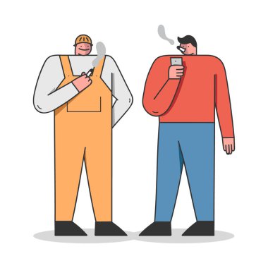 İnsan kötü alışkanlığı, sağlık sigortası ve sigara bağımlılığı kavramı. Erkekler halka açık yerlerde sigara içiyorlar. İşçiler molada sigara içiyor. Çizgi film Çizgisel Düz Stil. Vektör İllüstrasyonu