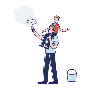 Genç Aile Evde Onarım Yapıyor. Baba ve Oğul Omuz Boyama Duvarında Boyalı Paten Evi 'nin yenilenmesiyle oturuyor. Evin İçini Yenileme Çizgi Filmi Düz Vektör İllüzyonu, Çizgi Sanat