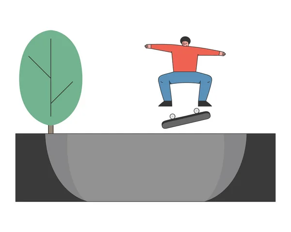 Concepto de Paseo en monopatín, Actividad deportiva. Teenager Skateboarder está montando monopatín. Skateboarding Boy está haciendo acrobacias a bordo en el Skatepark. Dibujos animados Esquema lineal plana Vector Ilustración — Vector de stock