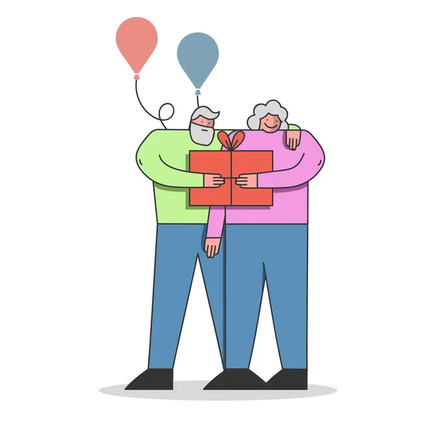 Feliz Cumpleaños Concepto de Celebración. Personas mayores con caja de regalo y globos. Dale un regalo a la mujer. La gente feliz se abrazan. Dibujos animados Linear Outline Flat Style. Ilustración vectorial — Archivo Imágenes Vectoriales