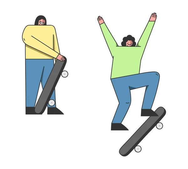Concetto di Skateboard Riding. Due amici adolescenti Skateboarders equitazione Skateboard. Gli amici stanno facendo acrobazie saltando in aria a bordo in Skatepark. Illustrazione lineare del vettore piatto del profilo del fumetto — Vettoriale Stock