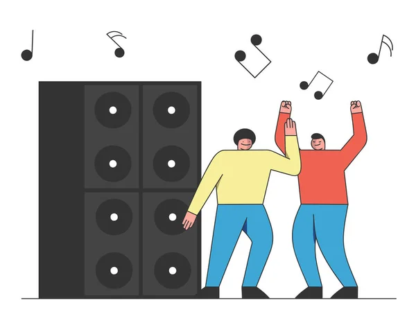 Concepto Dance Party. Dos hombres se divierten y bailan en el Disco Music Club. Black Notes and Big Speakers On the Background (en inglés). Dibujos animados Esquema lineal plana Vector ilustración — Vector de stock