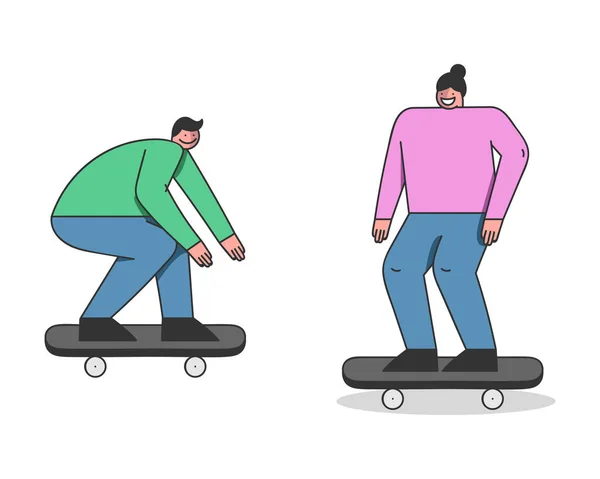 Concepto de monopatín. Dos adolescentes skateboarders están montando monopatín. Los amigos del skateboarding están haciendo acrobacias a bordo en The Skatepark. Dibujos animados Esquema lineal plana Vector Ilustración — Vector de stock