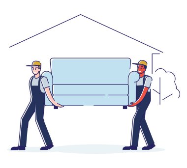 Yerleştirme ve Yeni Ev 'e taşınma. İşçiler kanepe taşır. Profesyonel Mobilya Teslimat Şirketi Yükleme Servisi. Teslimatçı Üniformalı Kanepe Çizgi Filmi Düz Vektör İllüzyonu, Çizgi Sanat