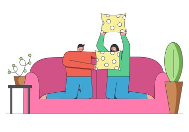 İnsanlar Ev Eğlencesi Konsepti. İnsanlar evlerinde vakit geçiriyorlar. Çift koltukta yastık savaşı yapıyor. Erkek ve kadın birlikte vakit geçiriyorlar. Çizgi film Ana Hattı Doğrusal Düz Vektör İllüstrasyonu