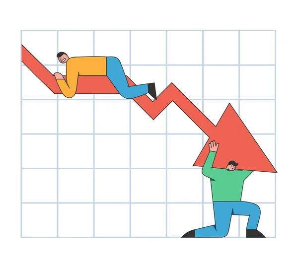 Business Achievement, Sales Down And Bankruptcy Concept. Stressed Business People Are Trying to Fix The Financial Situation, Holding Falling Down Chart.Cartoon Outline Linear Flat Vector Illustration — Stock Vector