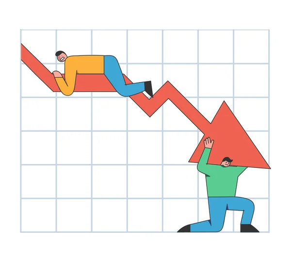 Logro de negocio, ventas abajo y concepto de bancarrota. La gente de negocios estresada está tratando de arreglar la situación financiera, manteniendo la caída de Chart.Cartoon Esquema lineal plana Vector Ilustración — Vector de stock