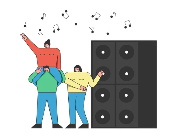 Dance Party concept. Three Friends Are Having Fun And Dancing At Disco Music Club. Notes And Big Speakers On the Background. Cartoon Outline Linear Flat Vector illustration — Stock Vector