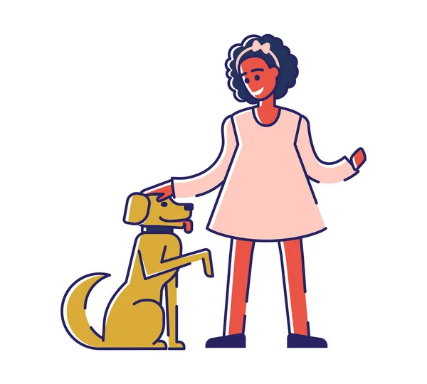 Conceito de Cuidado e Adoção. Pessoas amáveis estão cuidando de animais sem-teto. Jovem mulher adotou o cão. Solidariedade Humana e Responsabilidade. Desenhos animados Esboço linear plana Vector Ilustração — Vetor de Stock