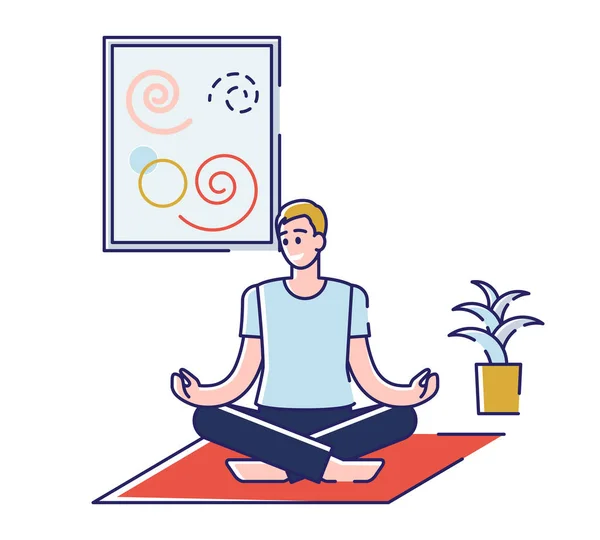 Concepto de Yoga y Deporte Actividades Fitness. Hombre en Loto Pose In The Gym Haz Yoga y Meditación. Vida Saludable, Equilibrio Emocional, Armonía de Vida. Dibujos animados Esquema lineal plana Vector Ilustración — Archivo Imágenes Vectoriales