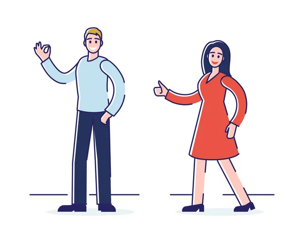 Human Positive Emotions And Happiness Concept. Man And Woman Express Positive Emotions Showing Ok And Thumb Up Signs. They Are Happy And Satisfied. Cartoon Flat Outline Linear Vector Illustration