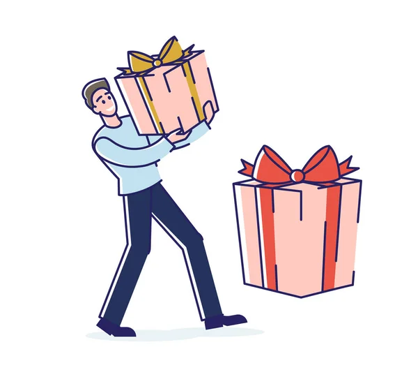 Concept Of Loyalty Program, Discount, Customer Service. Happy Man Make Shopping On Sale Using Discount. Male Character Carry Big Gift Box With Bow. Cartoon Outline Linear Flat Vector Illustration — Stock Vector