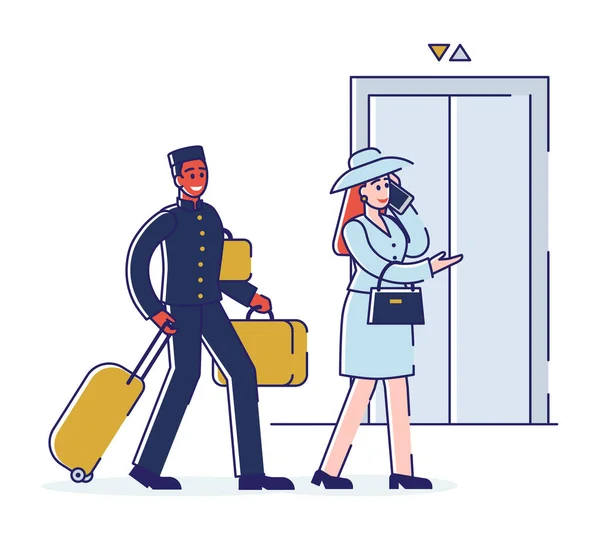 Service hôtelier et concept du personnel. Porter escorte une femme d'affaires à des appartements et transporte des bagages. Illustration vectorielle plate linéaire de contour de bande dessinée — Image vectorielle