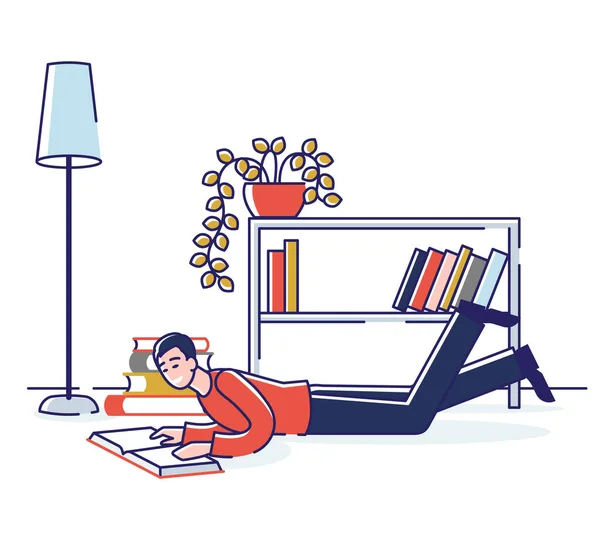 Concept Of Education, Read Books. Literature Fans or Lovers. Book Festival of Students. Male Character Is Reading Books On The Floor At Home. Cartoon Linear Outline Flat Style. Vector Illustration — Stock Vector