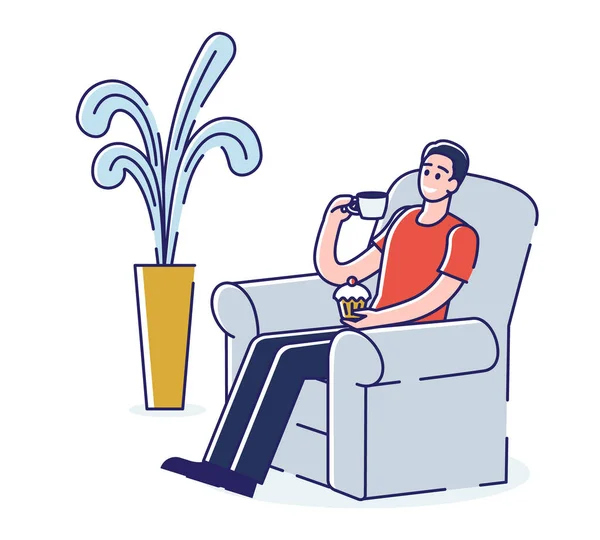 Adam sıcak içecekle rahatlıyor ve koltukta kek yiyor. Genç bir delikanlı kahve içiyor ve evde dinleniyor. Çizgi film Ana Hattı Doğrusal Düz Vektör Çizimi — Stok Vektör
