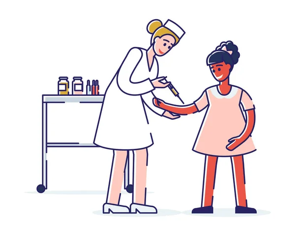 Gezondheidszorg en kinderen Vaccinatie Concept.Doctor Pediatrician Woman Protecting Kid from Virussen Maak een injectie van vaccin aan een meisje in een ziekenhuis. Cartoon Outline Lineaire Vlakke Vector Illustratie — Stockvector