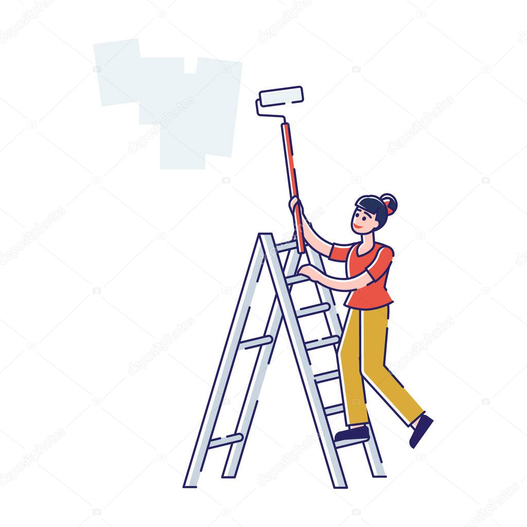Interior Design, Repair , Home Renovation and Remodeling Concept. Girl Painter, Decorator, Designer or Worker Stand on Ladder Coloring Wall with Paint Roller Cartoon Flat Vector Illustration, Line Art