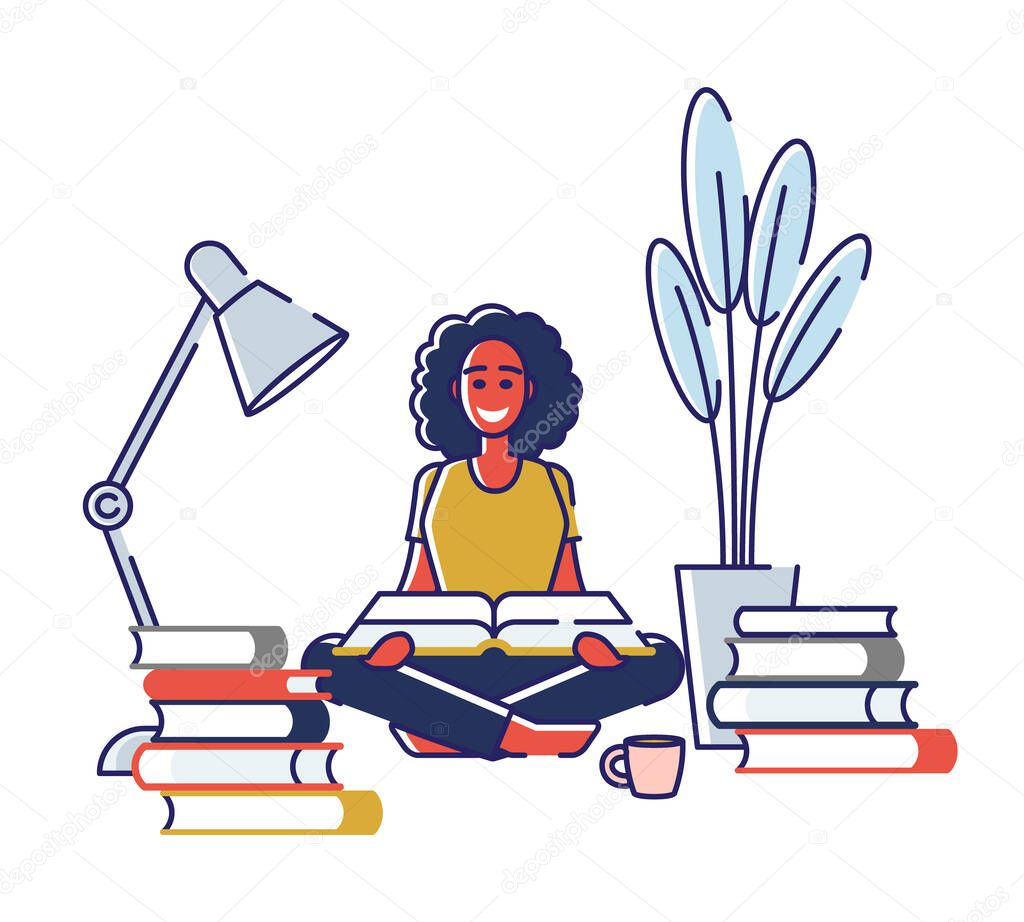 Concept Of Education, Read Books. Literature Fans or Lovers. Book Festival of Students. Female Character is Studying, Reading Books At Home. Cartoon Linear Outline Flat Style. Vector Illustration