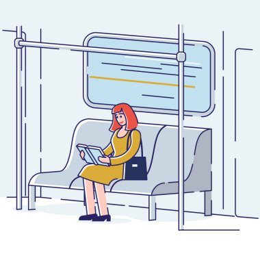 Eğitim kavramı, kitap okumak. Edebiyat hayranları ya da aşıklar. Öğrenciler Kitap Festivali. Mutlu genç kız toplu taşıma araçlarında kitap okuyor. Çizgi film Düz Dış Hatlar Biçimi. Vektör İllüstrasyonu