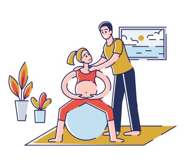 Hamile, Spor Sporu Faaliyetleri İçin Yoga Konsepti. Mutlu çift erkek ve hamile kadın ebeveynlik derslerini ziyaret ediyor, spor salonunda egzersiz yapıyorlar. Çizgi film Ana Hattı Doğrusal Düz Vektör İllüstrasyonu