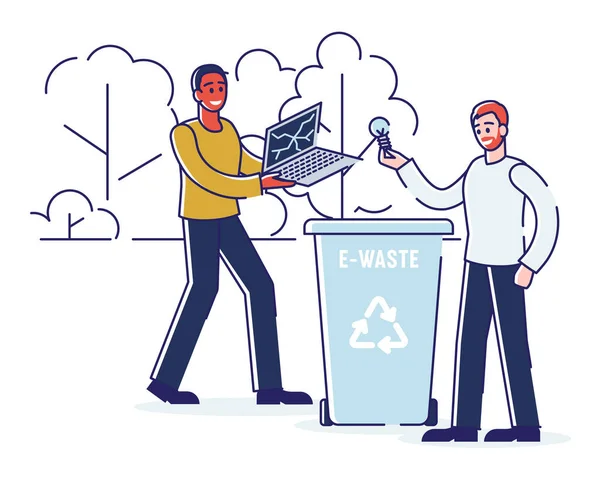 Recycling, besparing van ecologie en een afvalvrij concept. Mensen gooien E-afval in de prullenbak. Mannen gooien kapotte laptop en bollen in de vuilnisbak. Cartoon contouren Flat Vector Illustratie — Stockvector