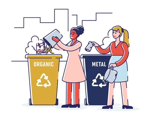 Recycling en Zero Waste Concept. Meisjes sorteren organische en metalen vuilnis gooien prullenbak in de juiste Prullenbak. Cartoon contouren Flat Vector Illustratie — Stockvector